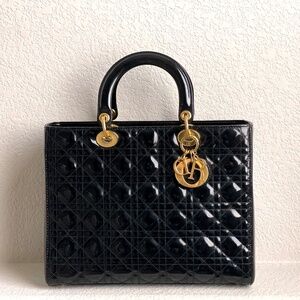 Christian Dior Cannage Lady Dior Large Black Patent Leather Tote